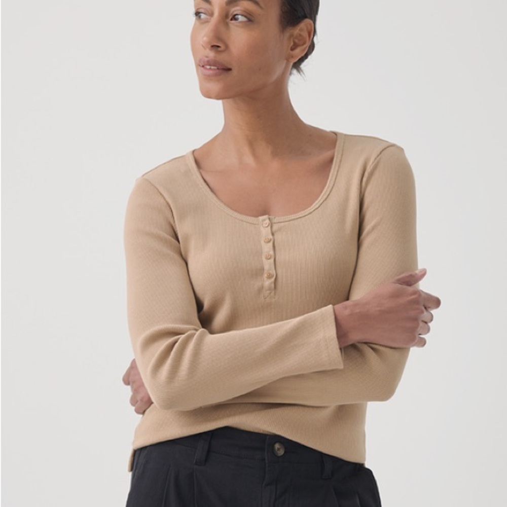 Pact Organic Sesame Favorite Rib Henley Long Sleeve Top Small